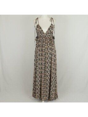 Skylar Madison Women's Small Black Brown Snake Print V-Neck Low Back Maxi Dress